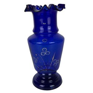 Cobalt Blue Art Glass Vase Hand Painted Flowers Ruffled Edge Vintage